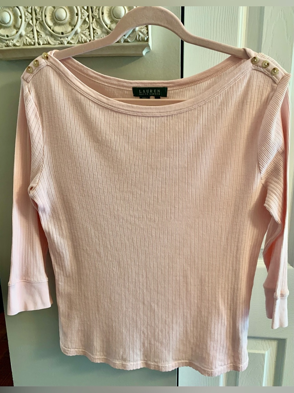 Ralph Lauren Light Pink Ribbed Boatneck Top with Shoulder Buttons - L